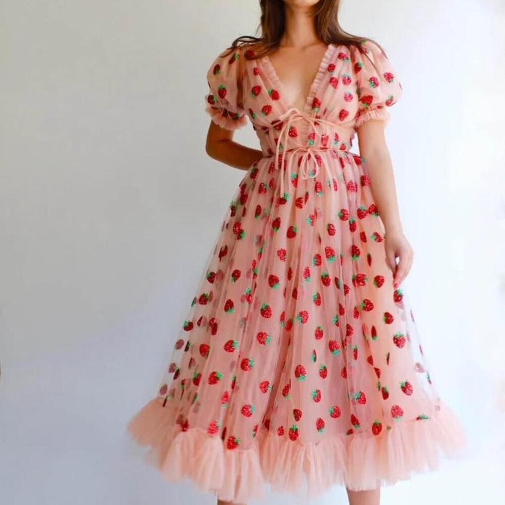 Lirika Matoshi 🍓 Size S 🍓 Strawberry Midi Dress  Pink Tulle Puff Sleeve